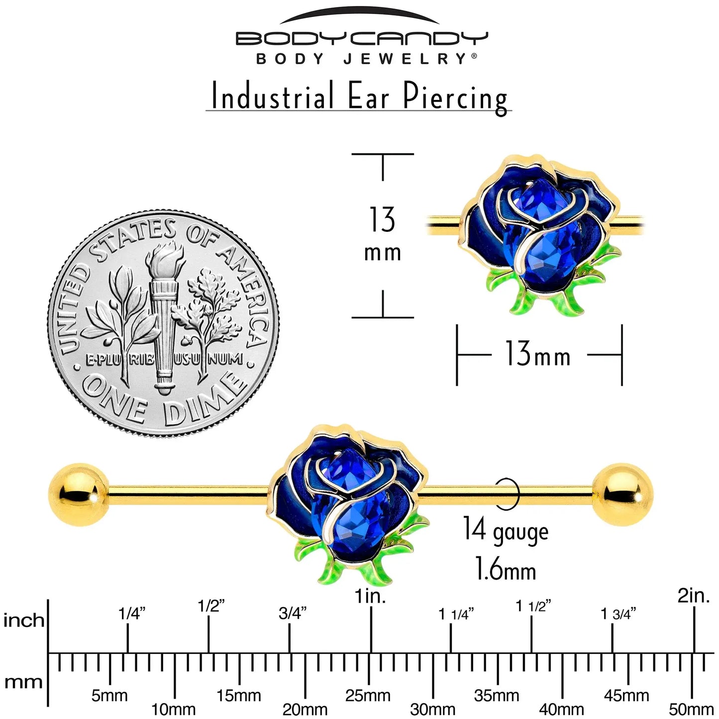 14G Blue Gem Gold Tone Deep Blue Flower Industrial Barbell 38mm - BodyCandy - Flyclothing LLC