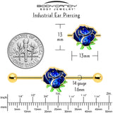 14G Blue Gem Gold Tone Deep Blue Flower Industrial Barbell 38mm - BodyCandy - Flyclothing LLC