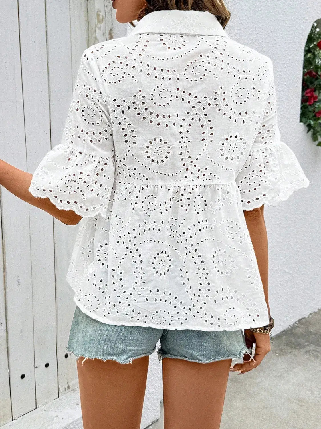 Eyelet Solid Collared Neck Half Sleeve Shirt - Trendsi - Flyclothing LLC