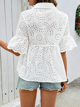 Eyelet Solid Collared Neck Half Sleeve Shirt - Trendsi - Flyclothing LLC