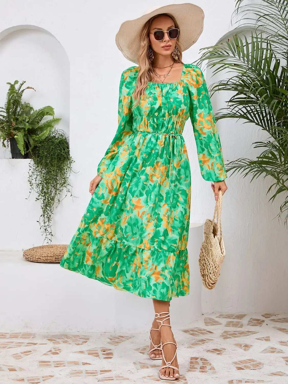 Printed Long Sleeve Midi Dress - Trendsi - Flyclothing LLC