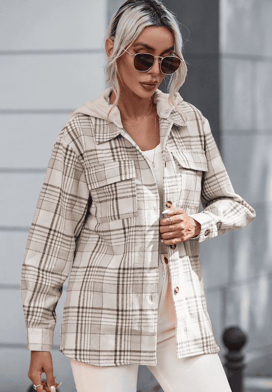 Plaid Removable Hood Button Up Shacket - Trendsi - Flyclothing LLC