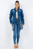 American Bazi Distressed Button Up Long Sleeve Denim Jacket - Trendsi