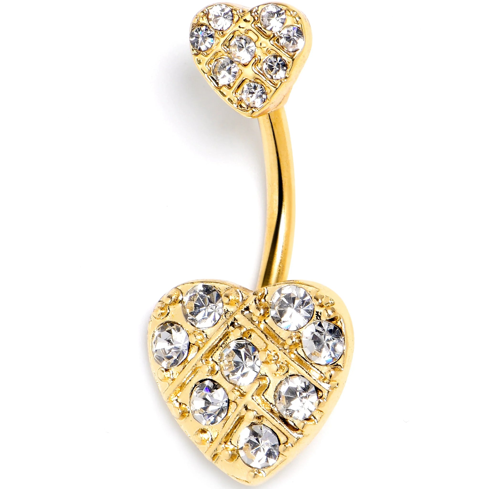 Clear Gem Gold Tone Lattice Hearts Valentine Double Mount Belly Ring - BodyCandy - Flyclothing LLC