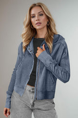 Double Take Waffle-Knit Zip Up Long Sleeve Hooded Jacket - Trendsi - Flyclothing LLC