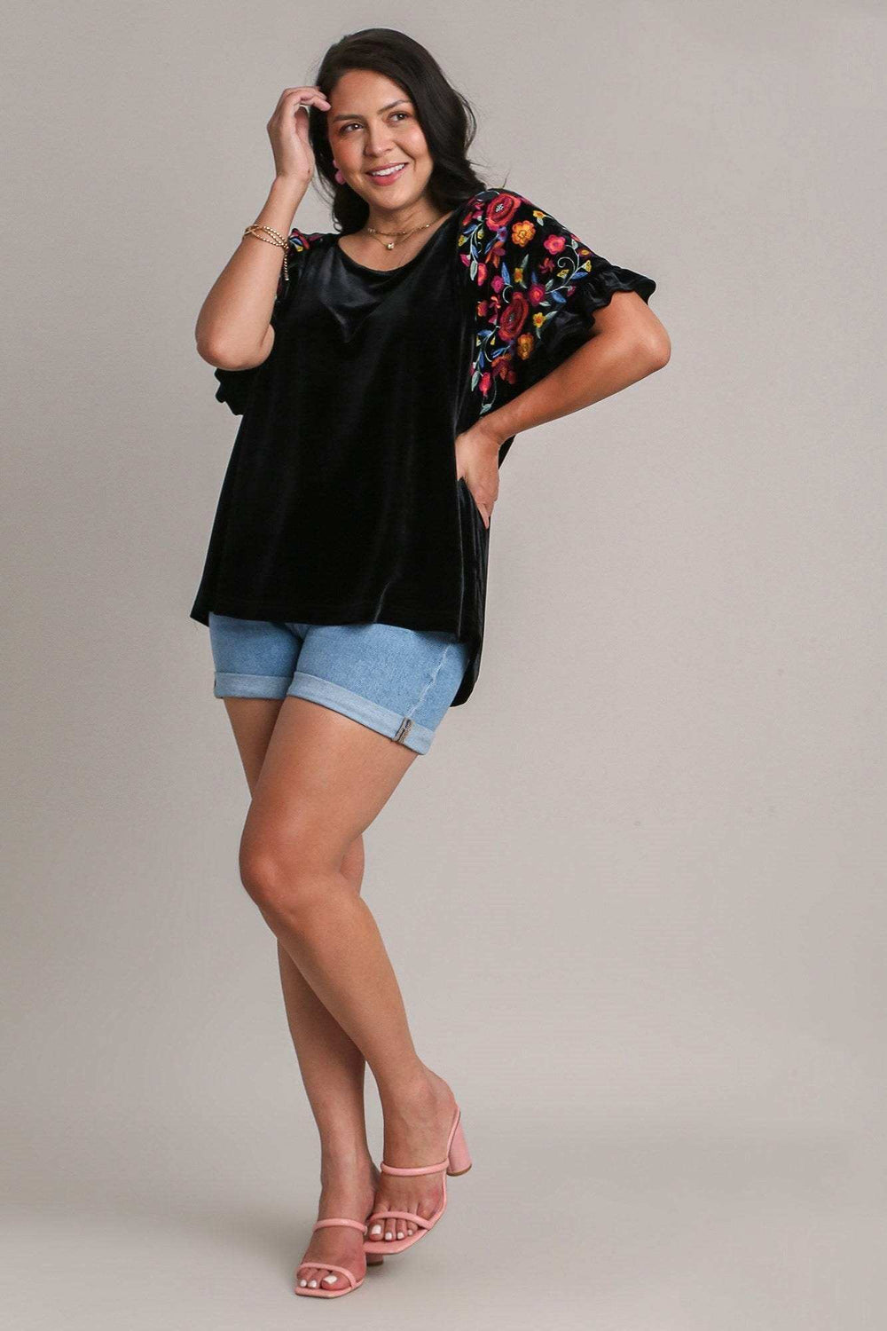 Umgee Full Size Velvet Embroidery Short Sleeve Blouse - Trendsi - Flyclothing LLC