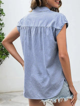 Plaid Button Up Cap Sleeve Shirt - Trendsi - Flyclothing LLC