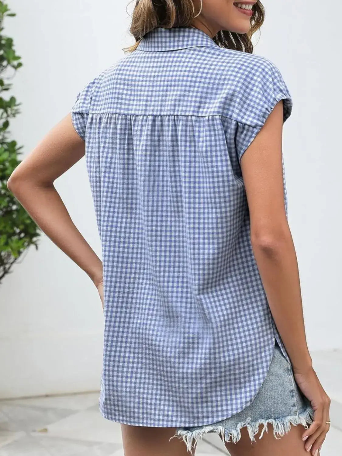 Plaid Button Up Cap Sleeve Shirt - Trendsi - Flyclothing LLC