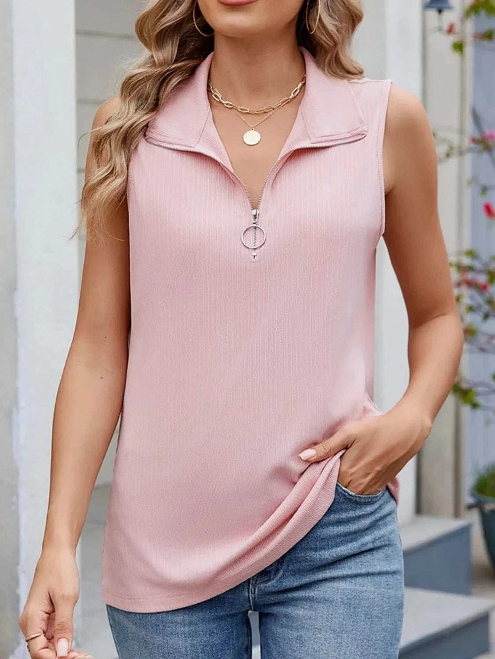 Quarter Zip Collared Tank - Trendsi - Flyclothing LLC