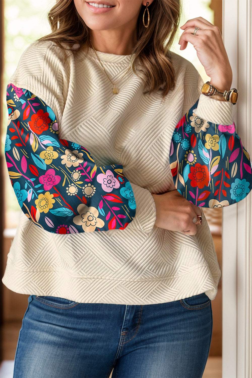 Plus Size Texture Printed Round Neck Long Sleeve Blouse - Trendsi - Flyclothing LLC