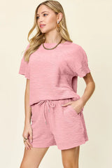 Double Take Full Size Texture Short Sleeve T-Shirt and Drawstring Shorts Set - Trendsi - Flyclothing LLC