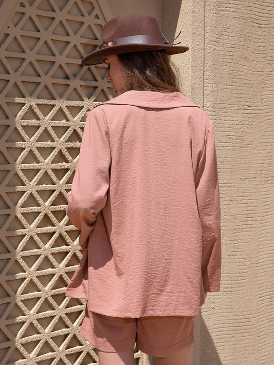 Lace Detail Collared Neck Long Sleeve Top and Shorts Set - Trendsi