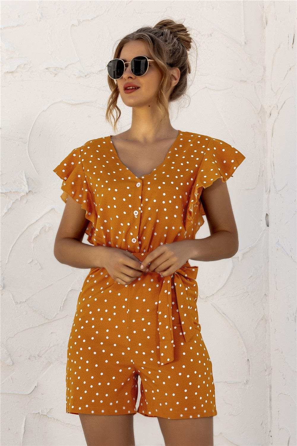 Ruffled Polka Dot Half Button Romper - Trendsi - Flyclothing LLC