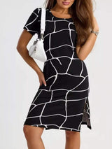 Full Size Geometric Print Midi Dress with Side Slit Plus Size - Trendsi - Flyclothing LLC