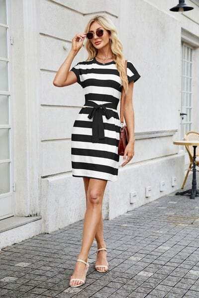 Tied Contrast Striped Short Sleeve Mini Tee Dress - Trendsi - Flyclothing LLC