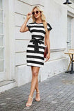 Tied Contrast Striped Short Sleeve Mini Tee Dress - Trendsi - Flyclothing LLC
