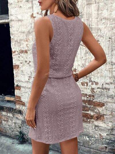 Eyelet Drawstring Round Neck Sleeveless Dress - Trendsi - Flyclothing LLC