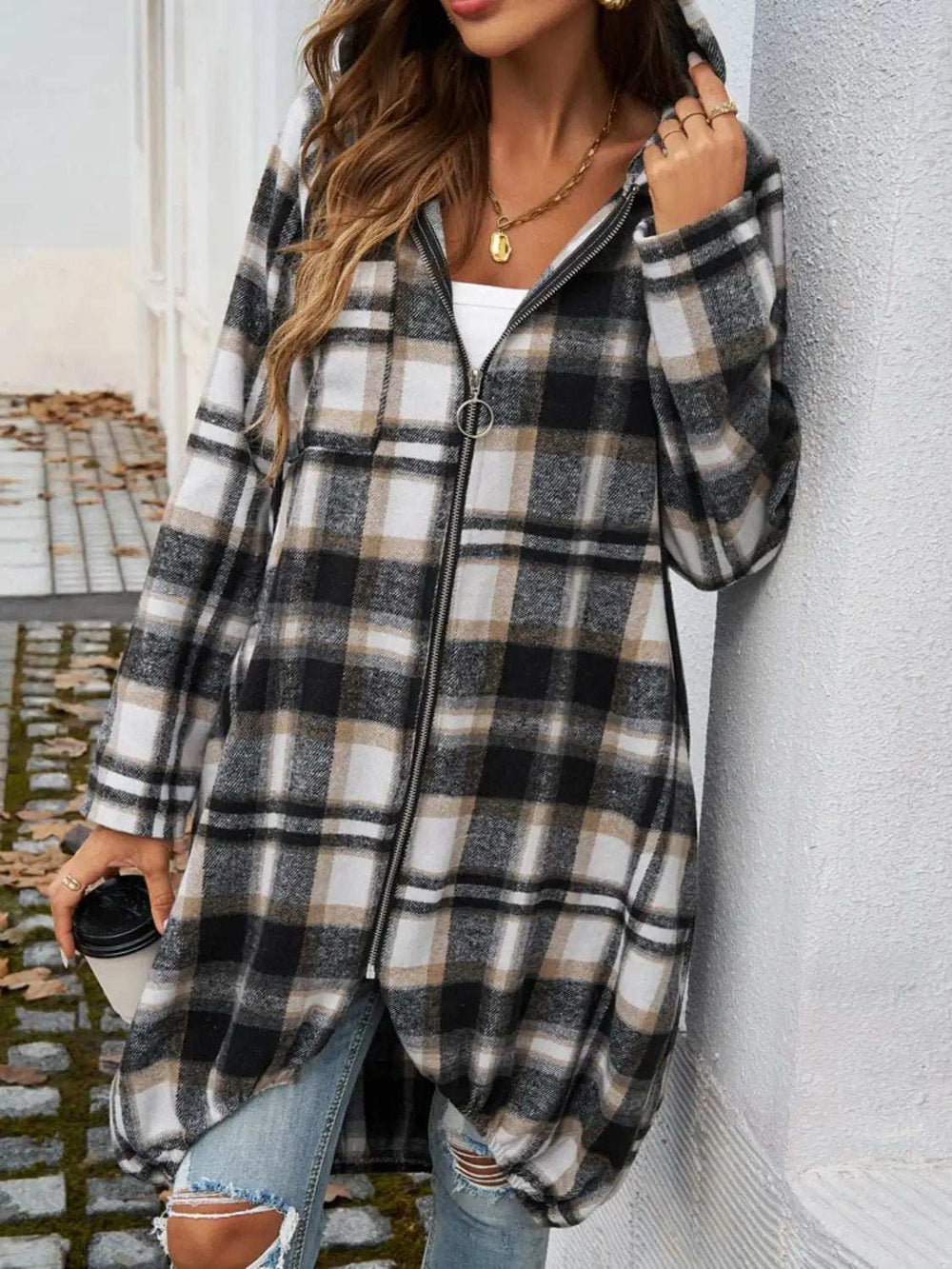 Plaid Zip Up Hooded Coat - Trendsi - Flyclothing LLC