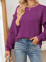 Ruffled Long Sleeve Knit T-Shirt - Trendsi - Flyclothing LLC