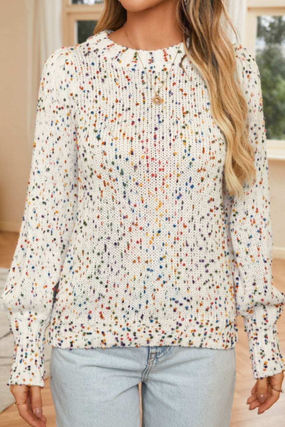 Confetti Round Neck Long Sleeve Sweater - Trendsi - Flyclothing LLC