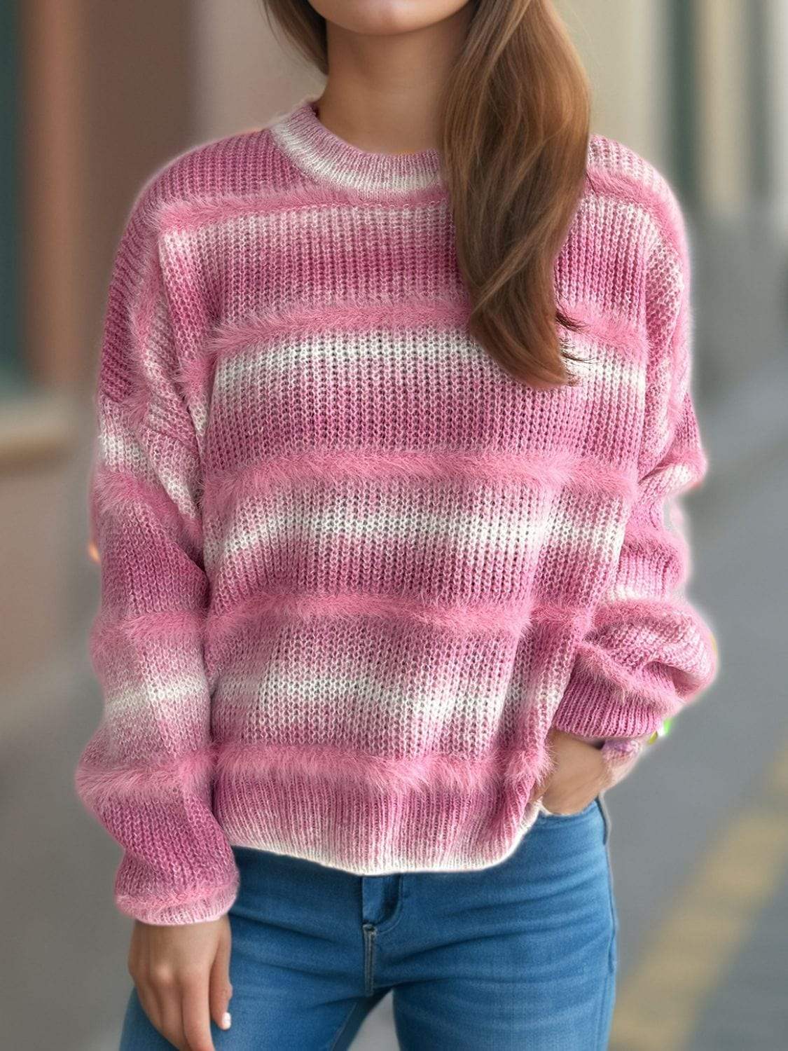 Gradient Round Neck Dropped Shoulder Sweater - Trendsi - Flyclothing LLC