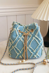 Chain Drawstring Raw Edge Denim Bucket Bag - Trendsi