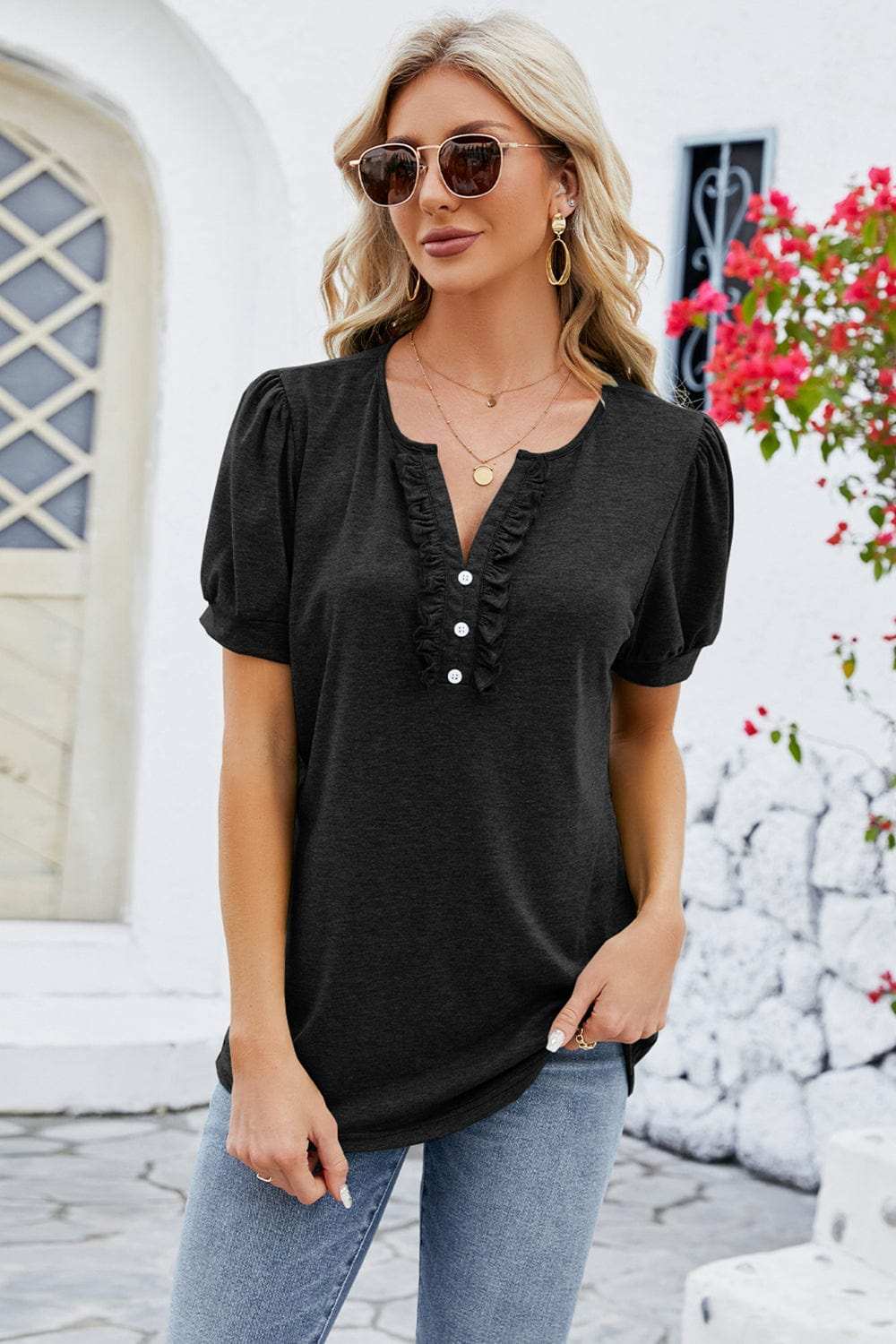 Frill Notched Short Sleeve Blouse - Trendsi - Flyclothing LLC