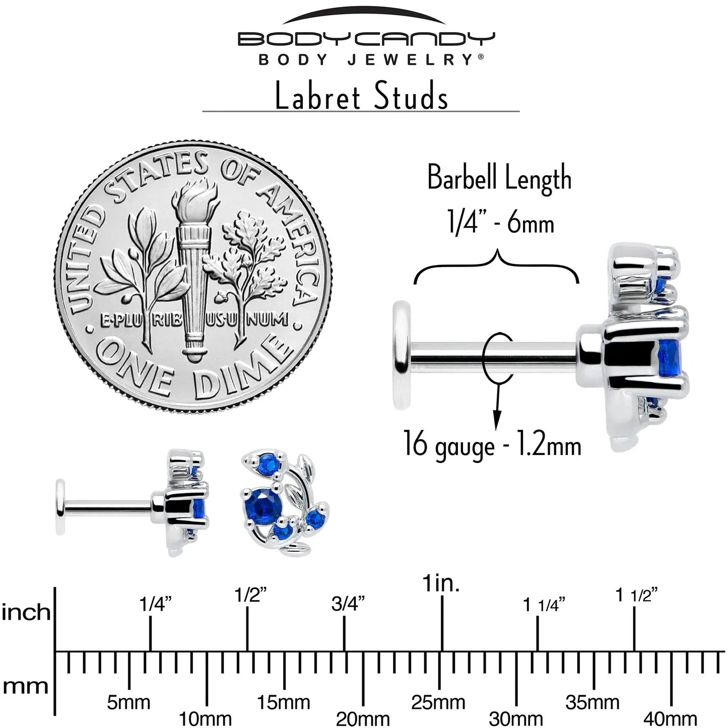 16G 1/4 Blue Gem Twining Vine Flatback Stud - BodyCandy - Flyclothing LLC