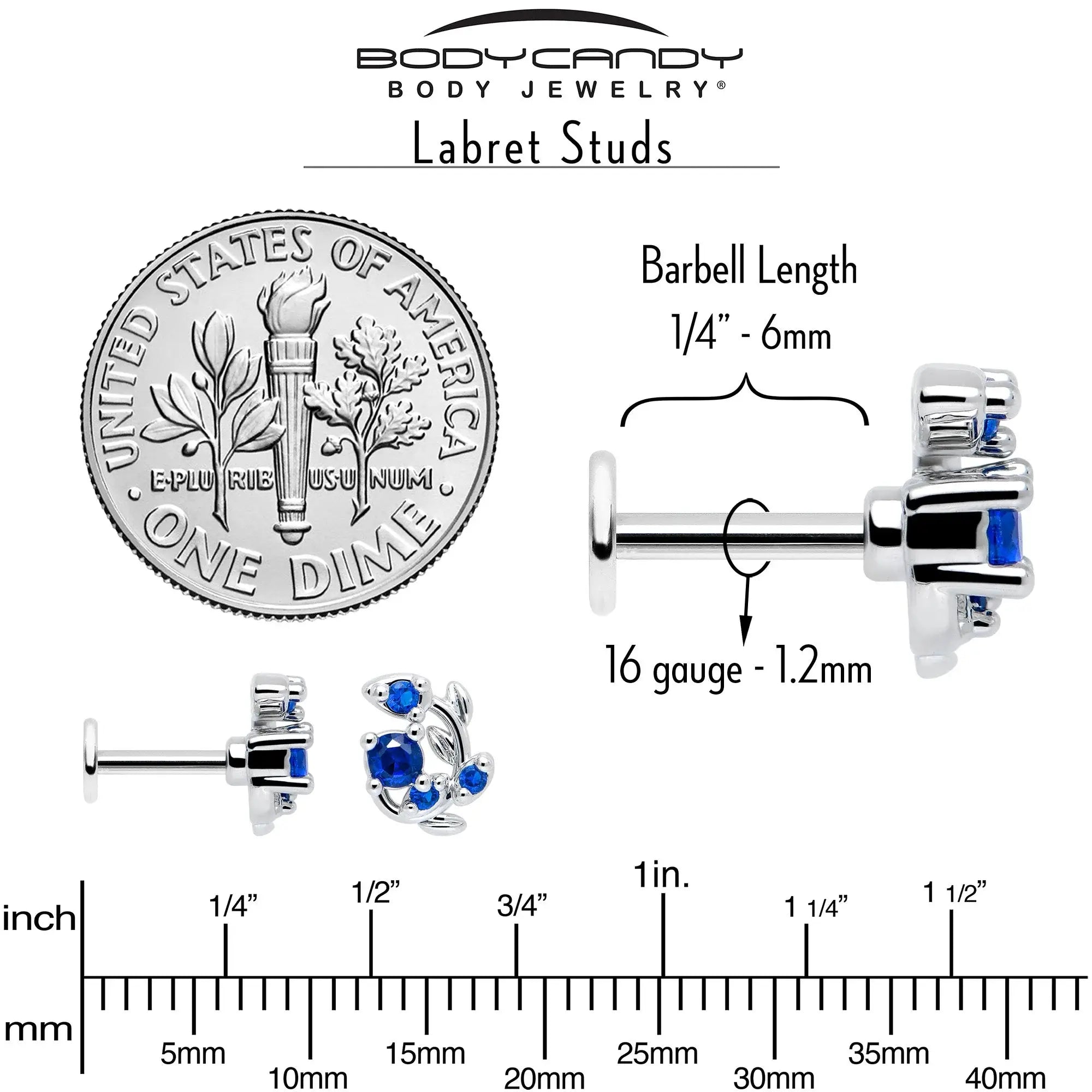 16G 1/4 Blue Gem Twining Vine Flatback Stud - BodyCandy - Flyclothing LLC