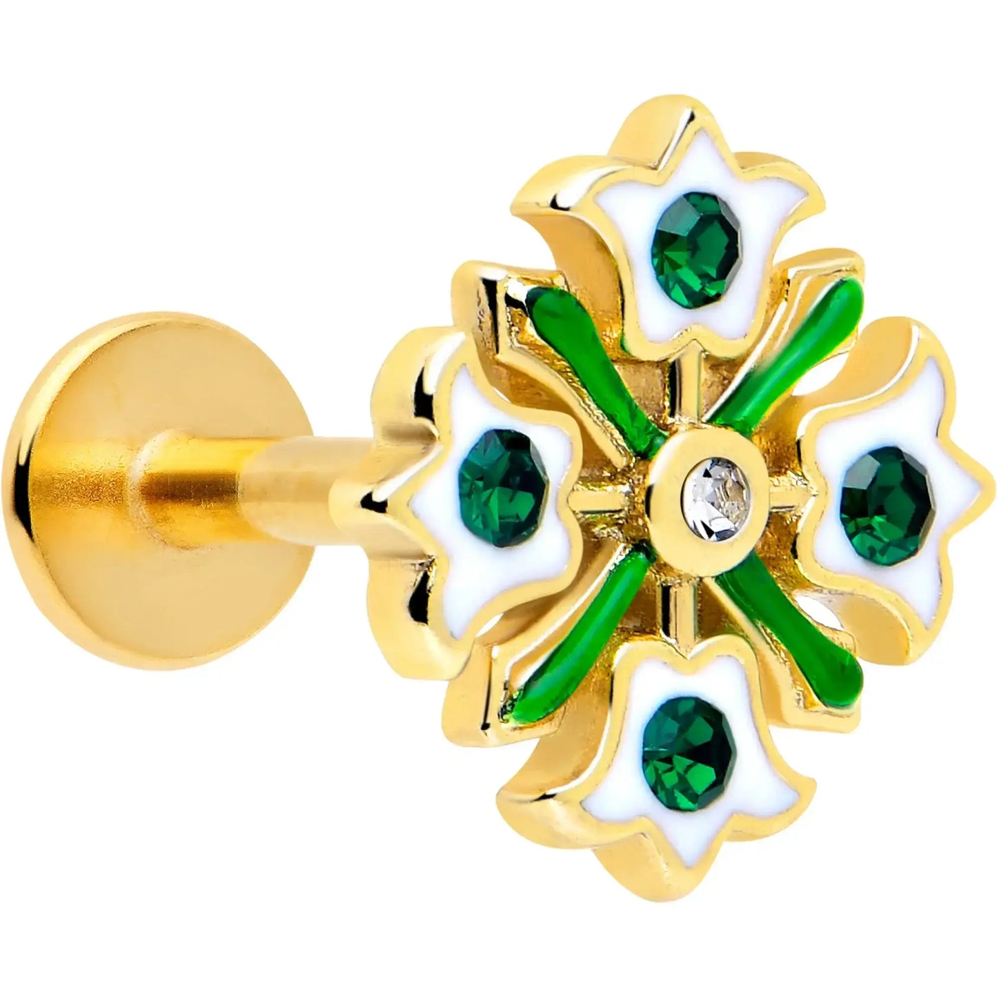 16G 1/4 Green Gem Gold Tone Flower Wreath Flatback Stud - BodyCandy - Flyclothing LLC