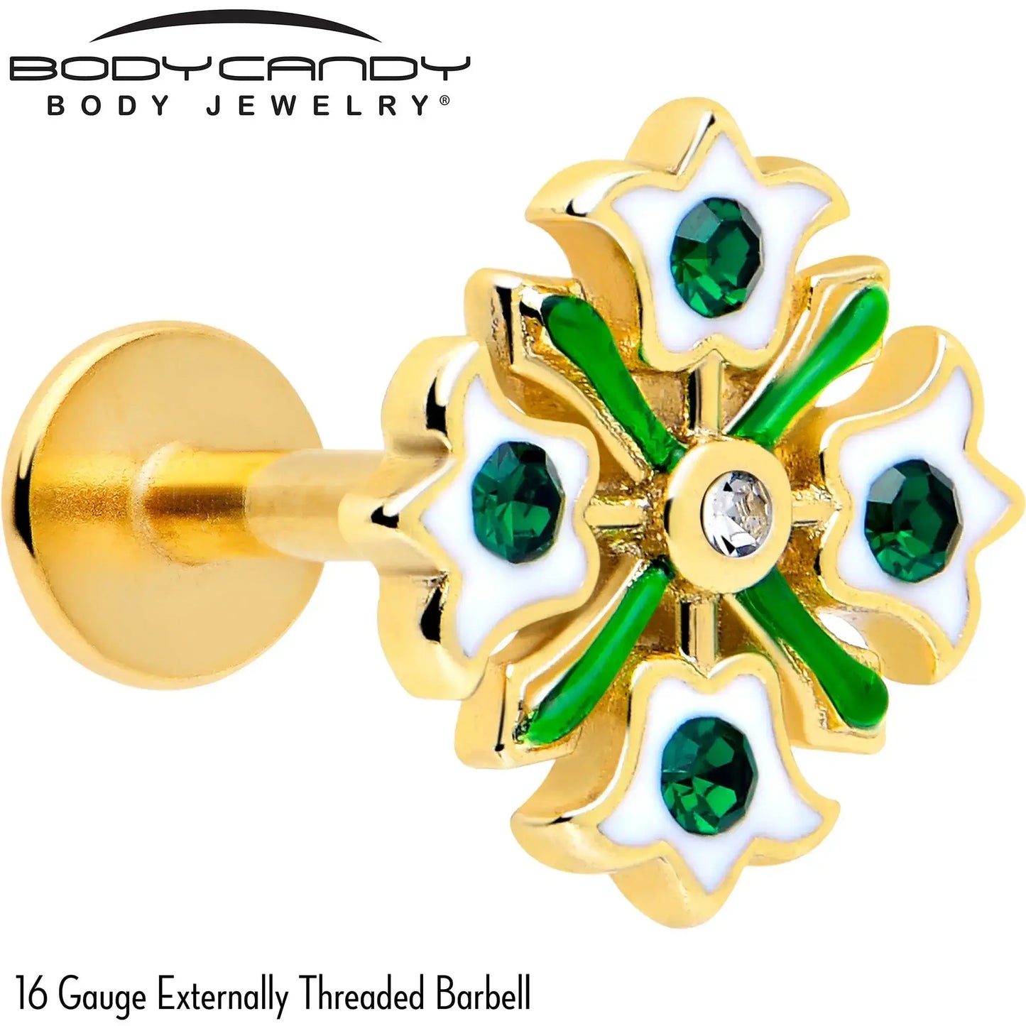 16G 1/4 Green Gem Gold Tone Flower Wreath Flatback Stud - BodyCandy - Flyclothing LLC