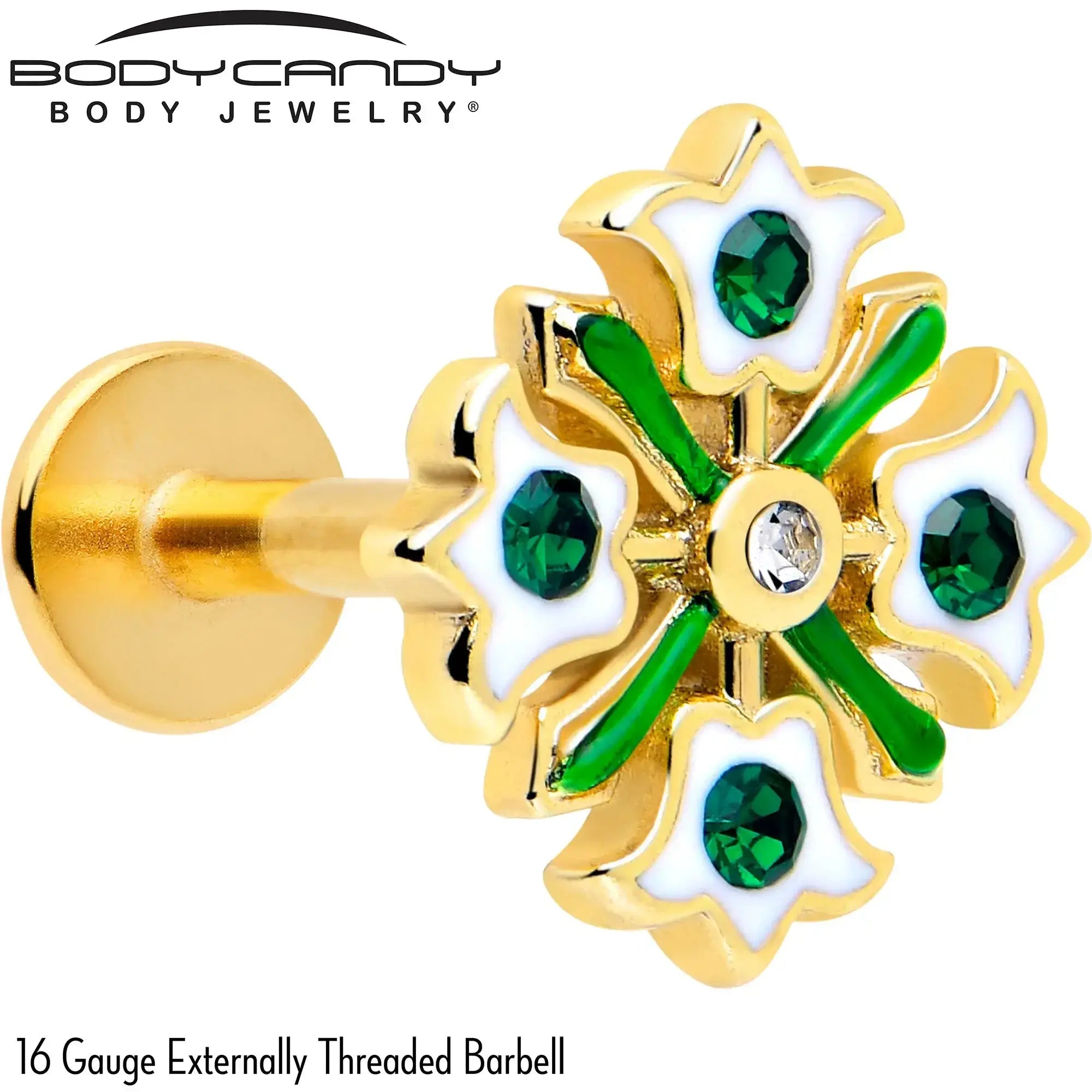 16G 1/4 Green Gem Gold Tone Flower Wreath Flatback Stud - BodyCandy - Flyclothing LLC