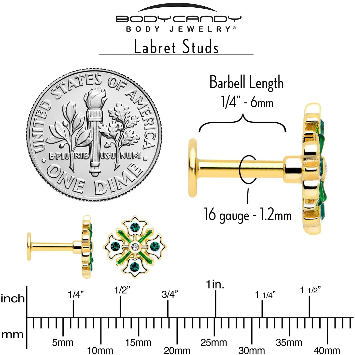 16G 1/4 Green Gem Gold Tone Flower Wreath Flatback Stud - BodyCandy - Flyclothing LLC