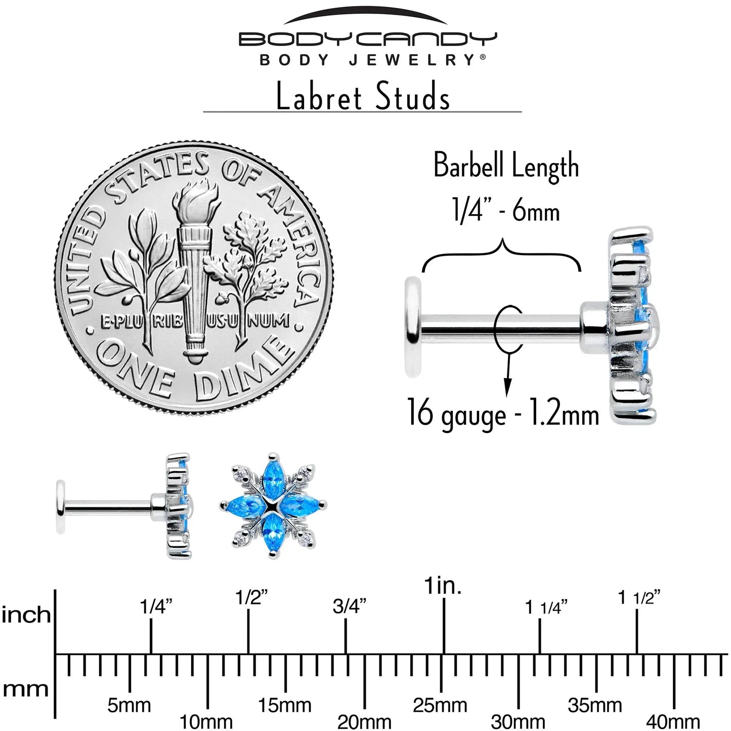 16G 1/4 Blue CZ Gem Classic Flower Flatback Stud - BodyCandy - Flyclothing LLC