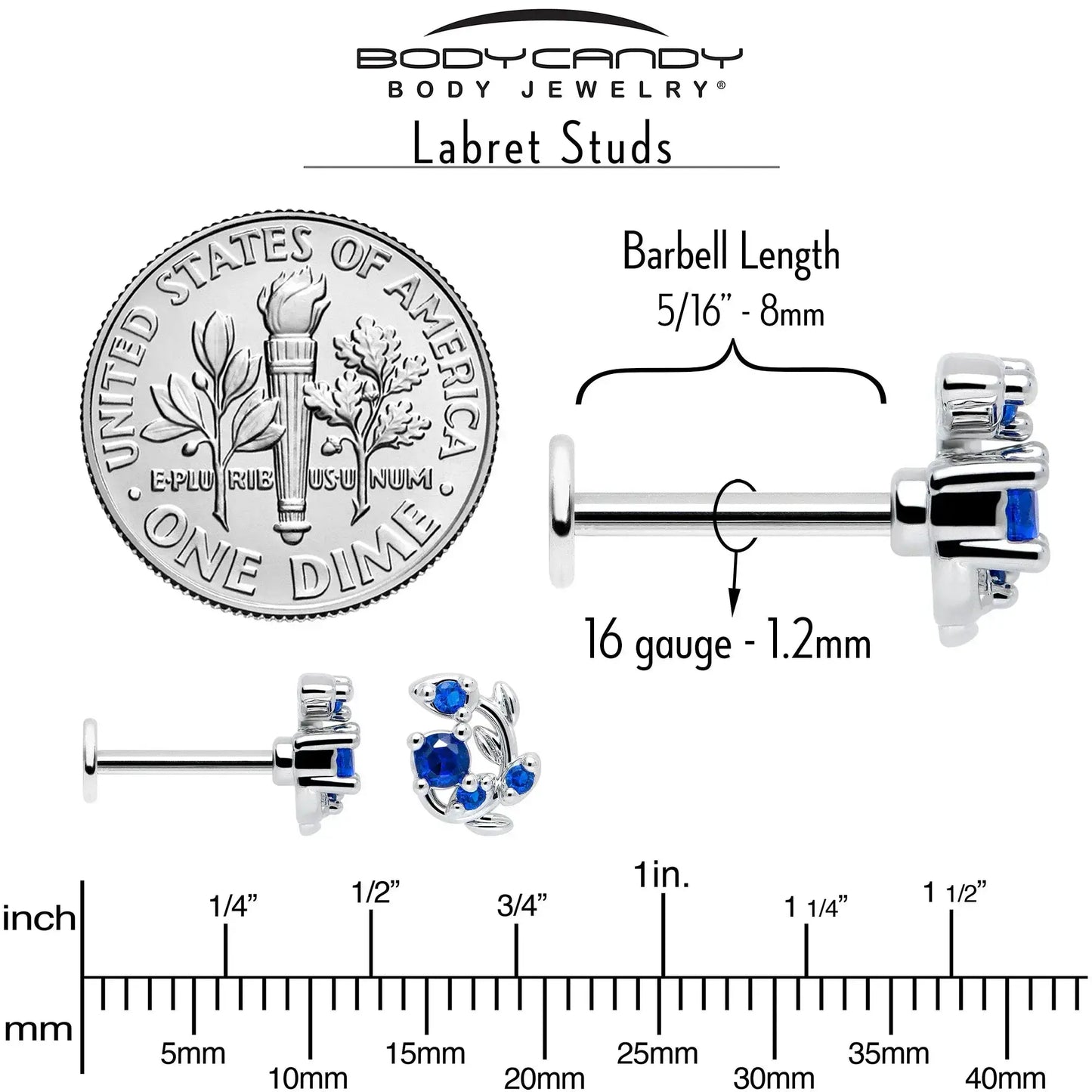 16G 5/16 Blue Gem Twining Vine Flatback Stud - BodyCandy - Flyclothing LLC