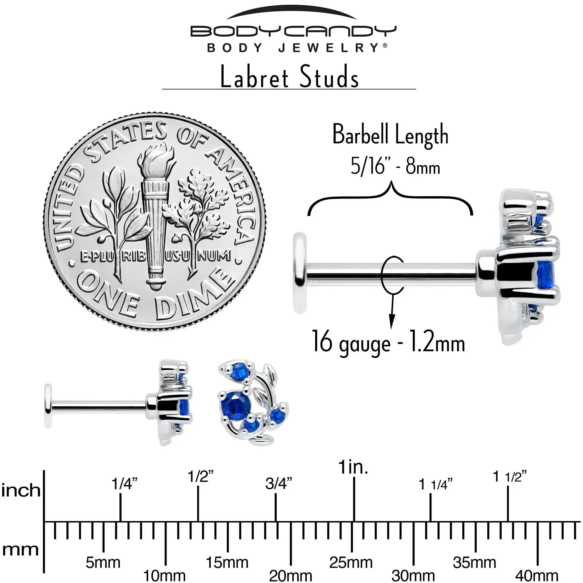 16G 5/16 Blue Gem Twining Vine Flatback Stud - BodyCandy - Flyclothing LLC