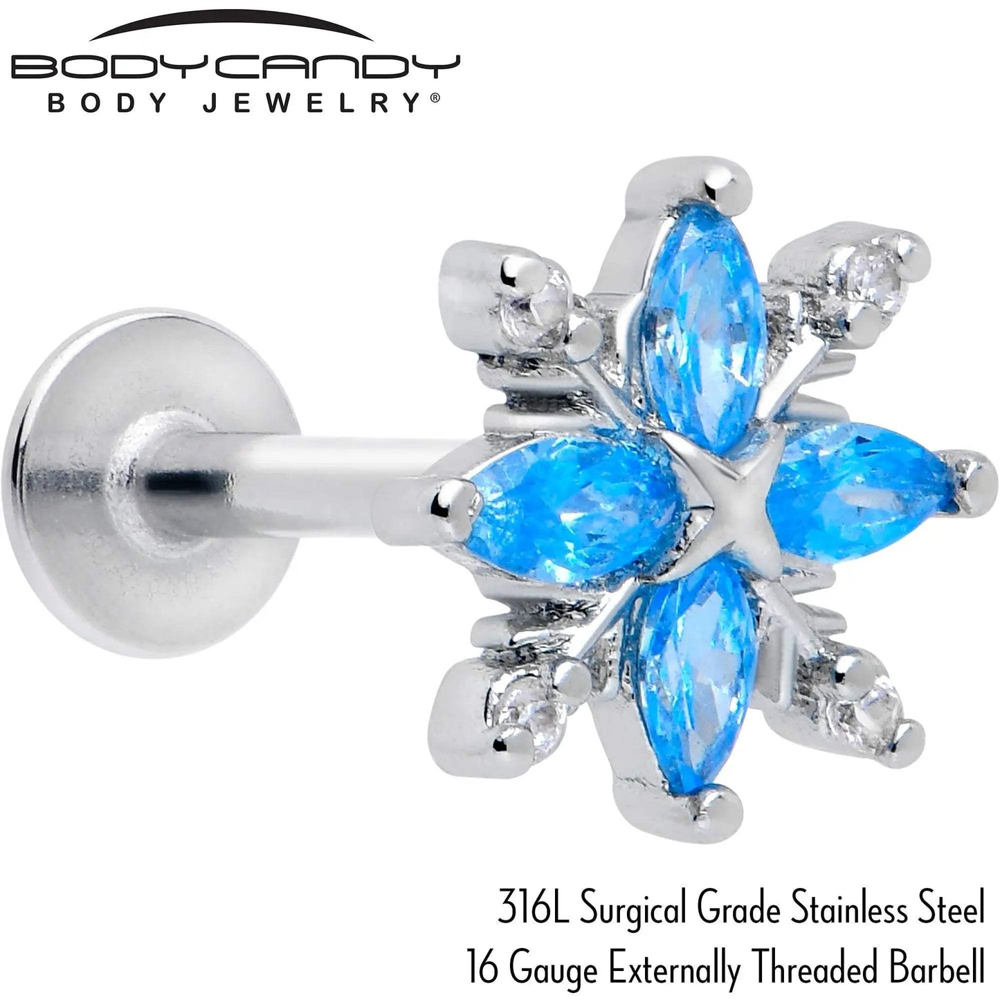 16G 5/16 Blue CZ Gem Classic Flower Flatback Stud - BodyCandy - Flyclothing LLC