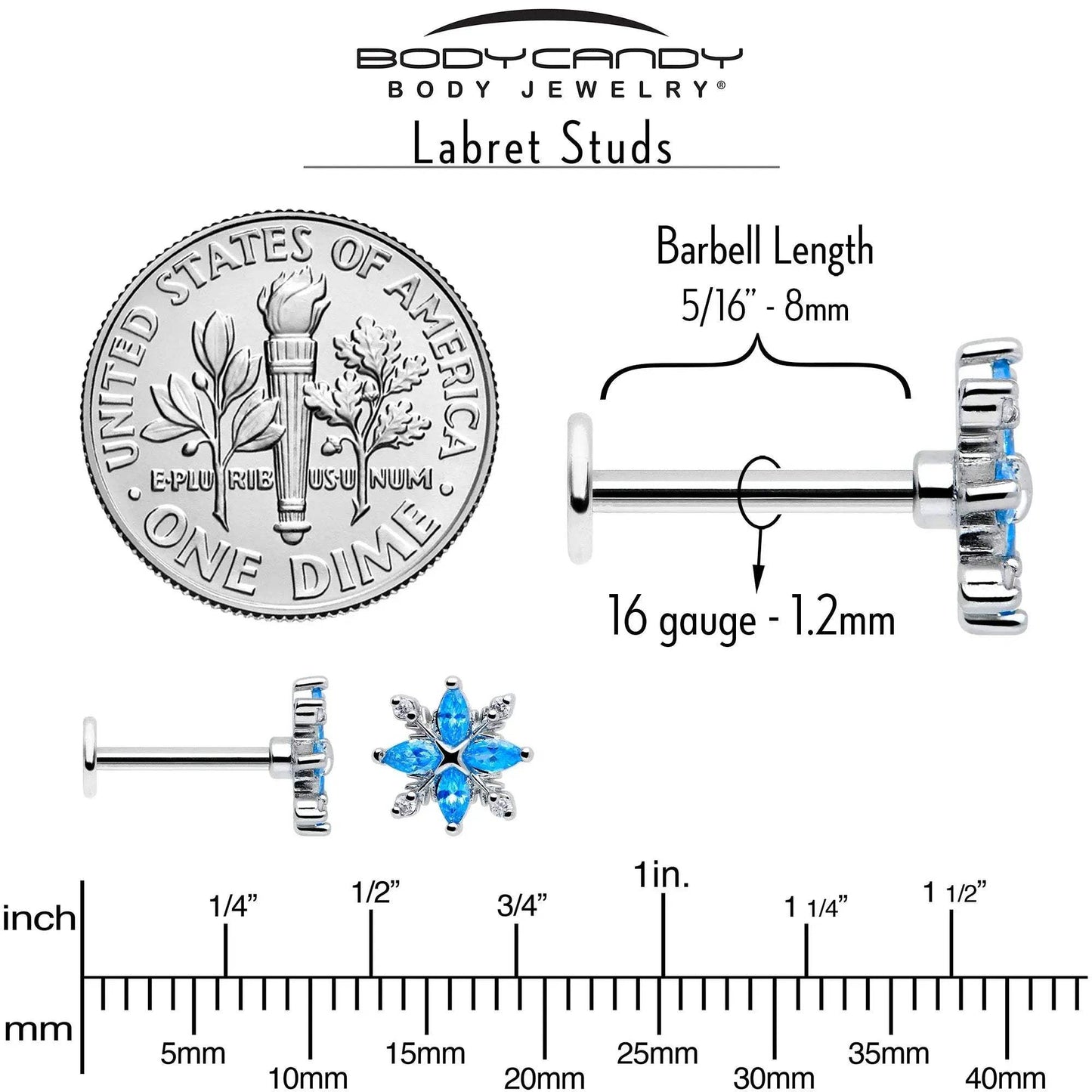 16G 5/16 Blue CZ Gem Classic Flower Flatback Stud - BodyCandy - Flyclothing LLC