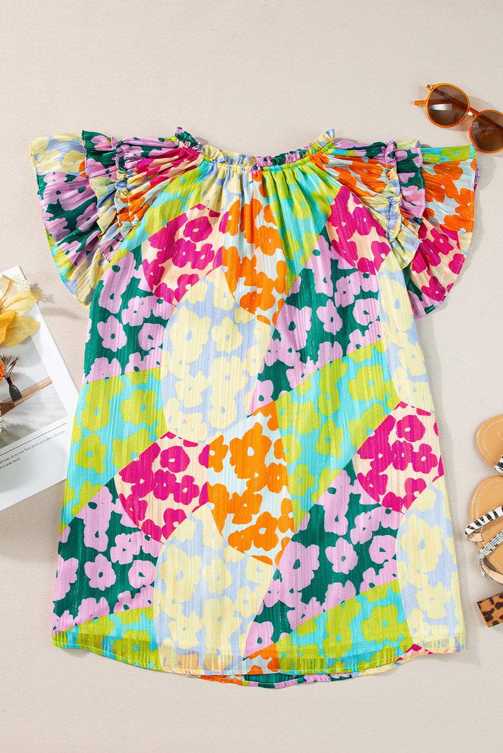 Ruffled Printed Tie Neck Cap Sleeve Blouse - Trendsi - Flyclothing LLC