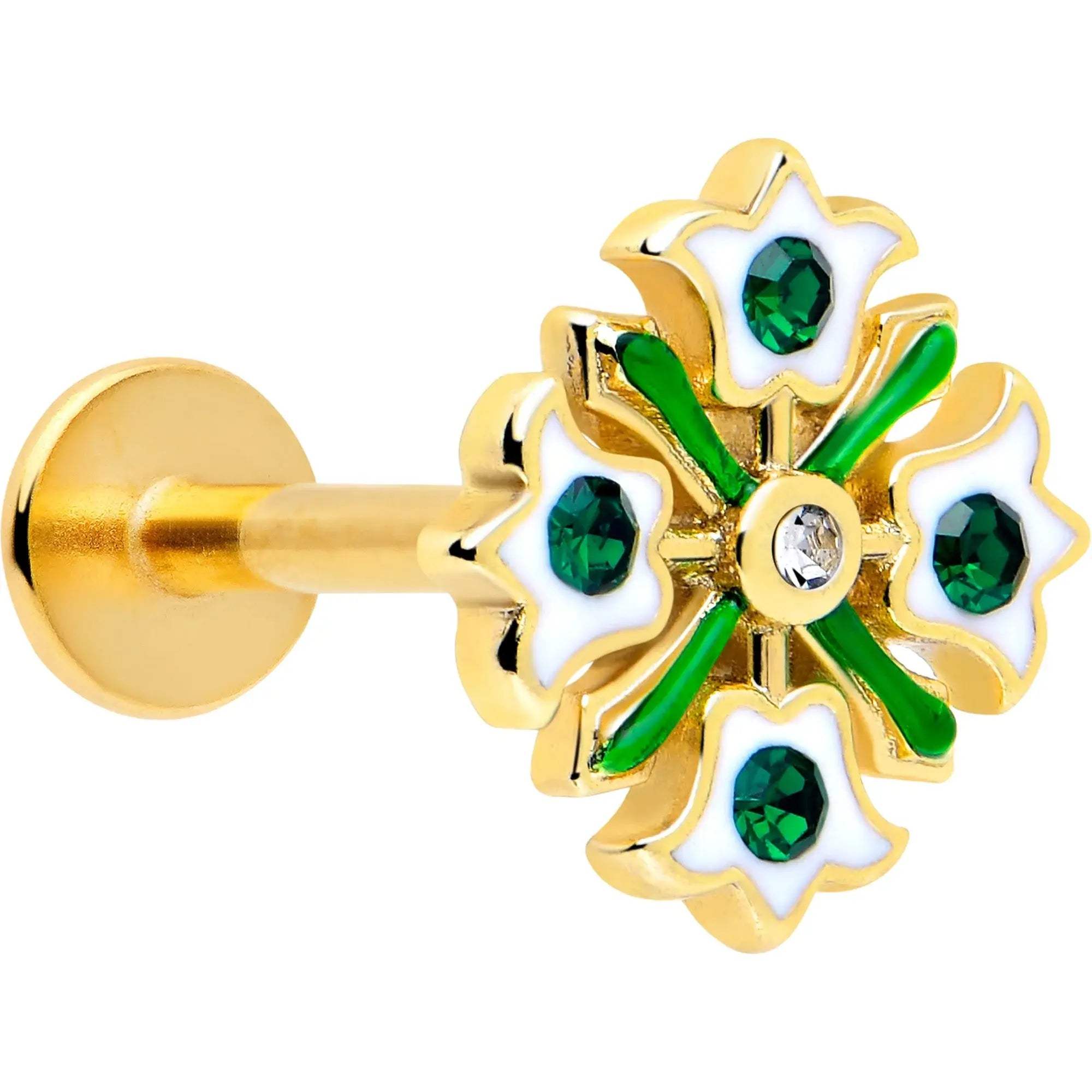 16G 5/16 Green CZ Gem Gold Tone Flower Wreath Flatback Stud - BodyCandy - Flyclothing LLC