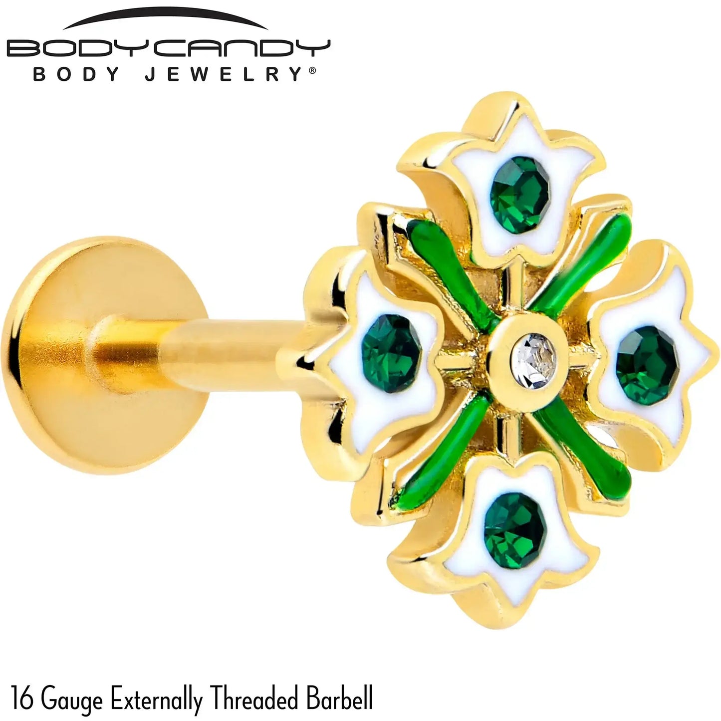 16G 5/16 Green CZ Gem Gold Tone Flower Wreath Flatback Stud - BodyCandy - Flyclothing LLC