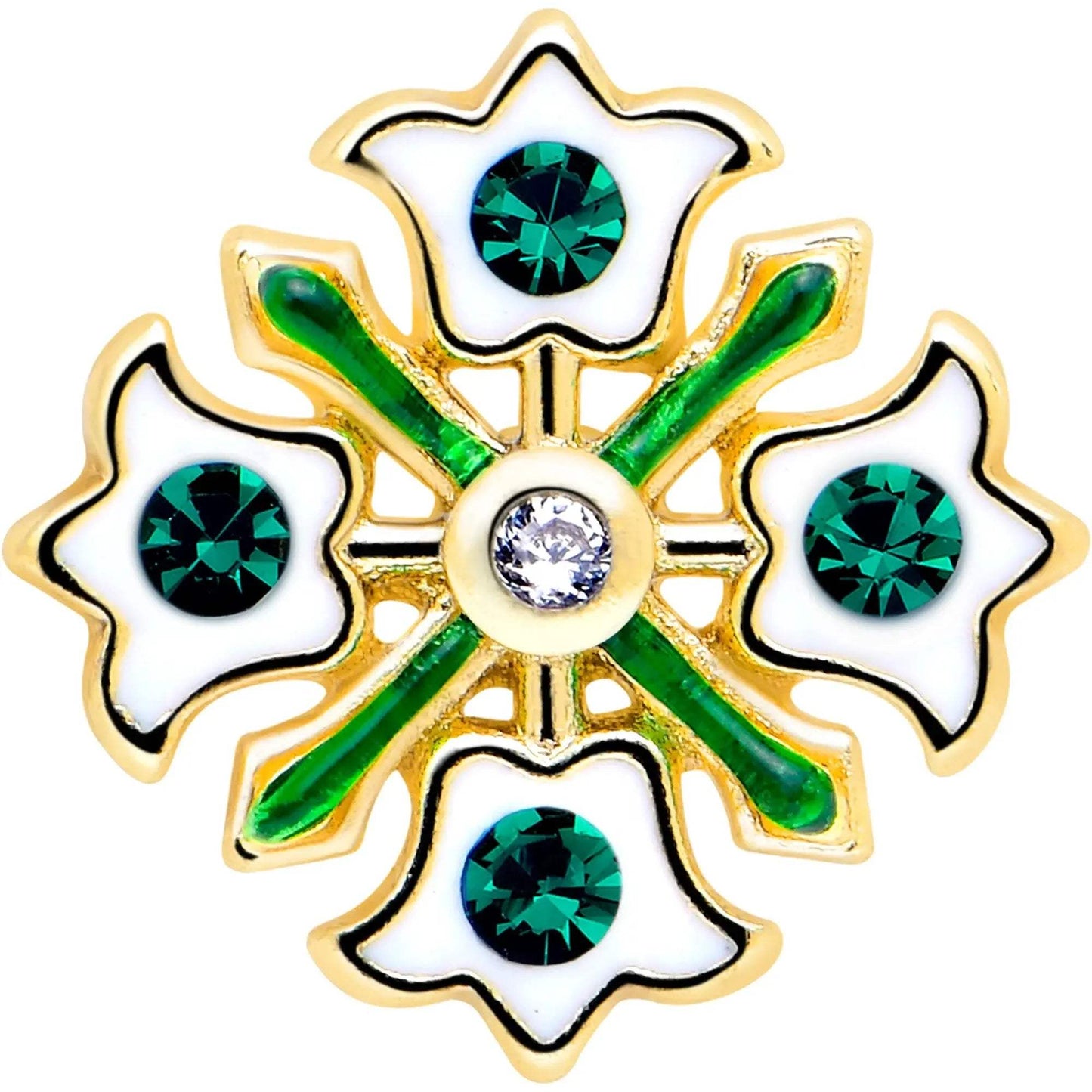 16G 5/16 Green CZ Gem Gold Tone Flower Wreath Flatback Stud - BodyCandy - Flyclothing LLC