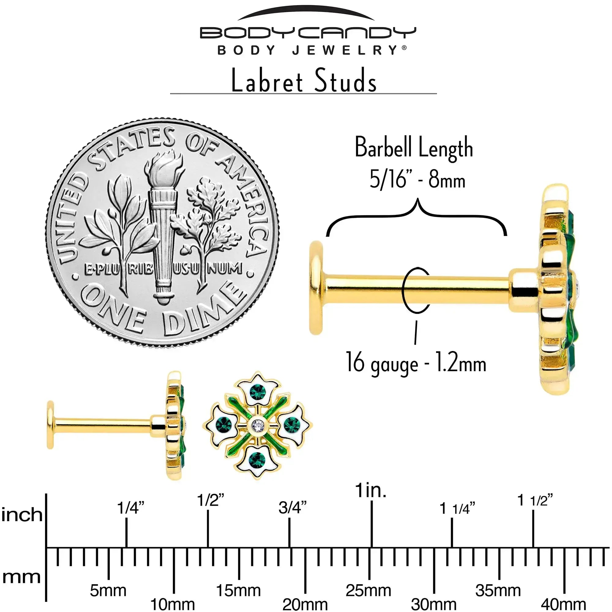 16G 5/16 Green CZ Gem Gold Tone Flower Wreath Flatback Stud - BodyCandy - Flyclothing LLC