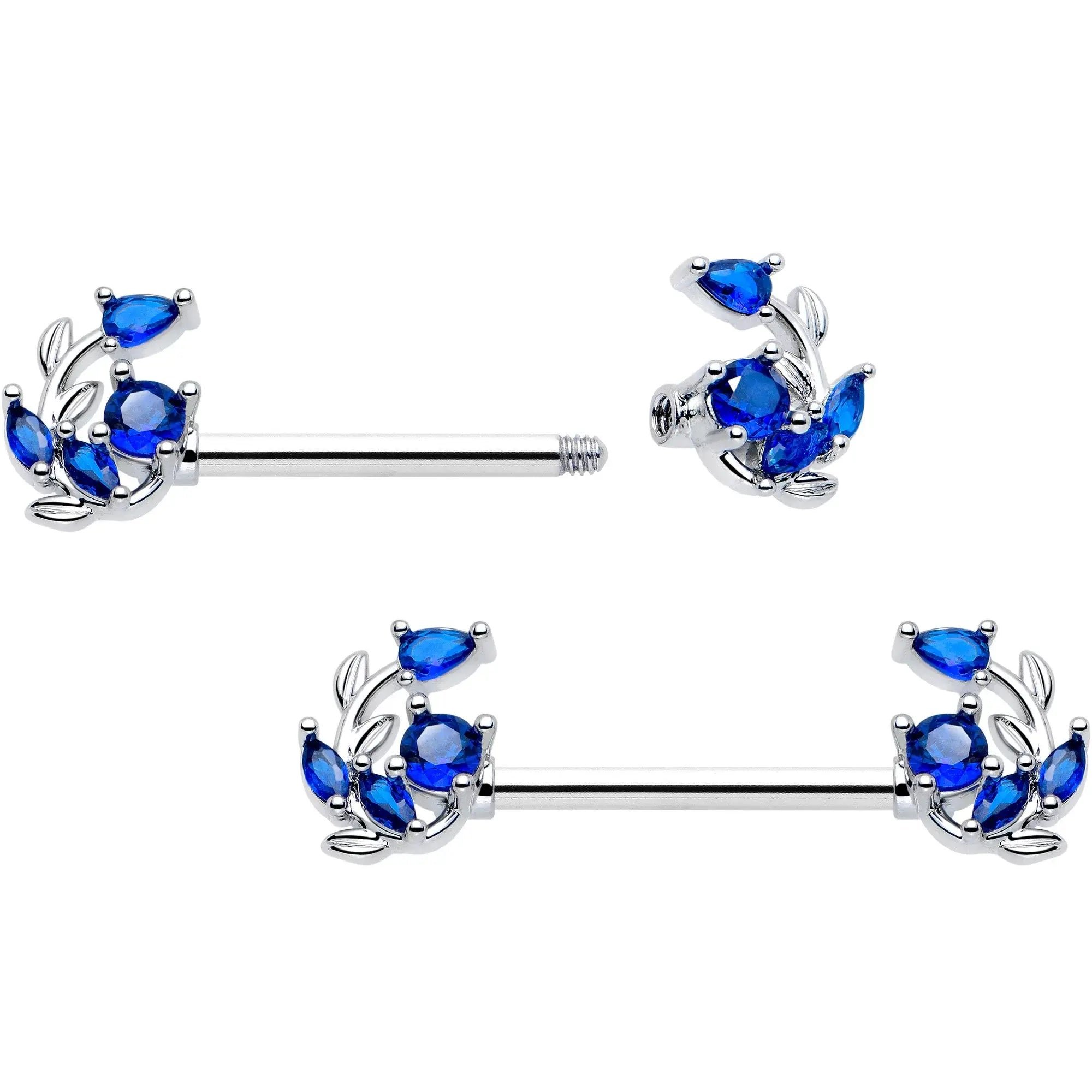 14G 9/16 Blue Gem Twining Vine Barbell Nipple Ring Set - BodyCandy - Flyclothing LLC