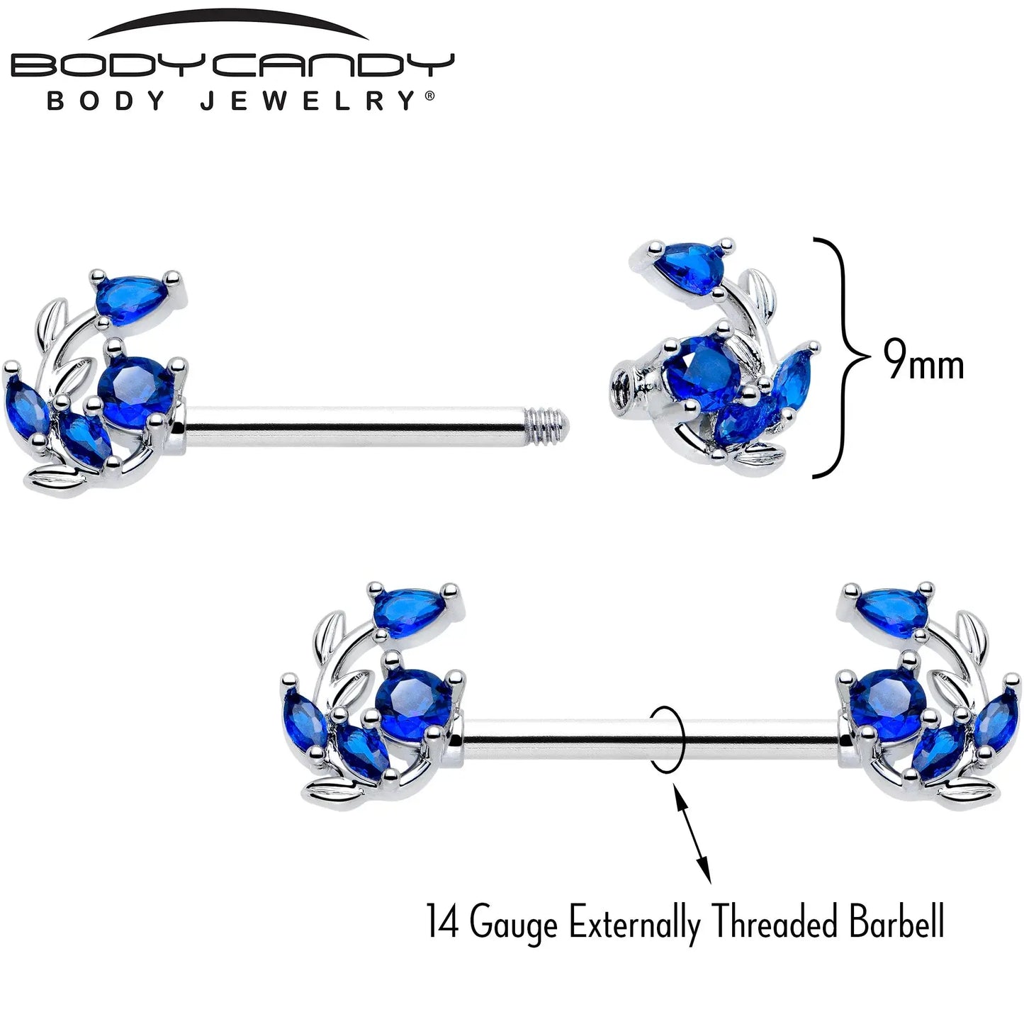 14G 9/16 Blue Gem Twining Vine Barbell Nipple Ring Set - BodyCandy - Flyclothing LLC
