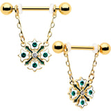14G 9/16 Green Gem Gold Tone Flower Wreath Dangle Nipple Ring Set - BodyCandy - Flyclothing LLC