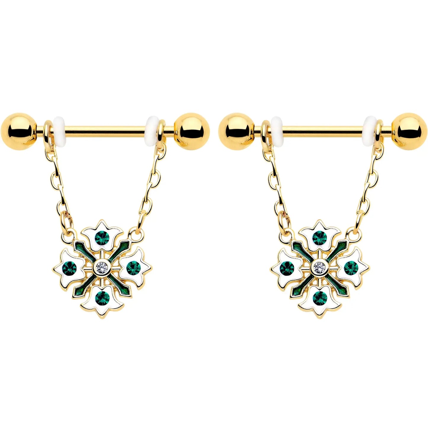 14G 9/16 Green Gem Gold Tone Flower Wreath Dangle Nipple Ring Set - BodyCandy - Flyclothing LLC