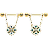 14G 9/16 Green Gem Gold Tone Flower Wreath Dangle Nipple Ring Set - BodyCandy - Flyclothing LLC