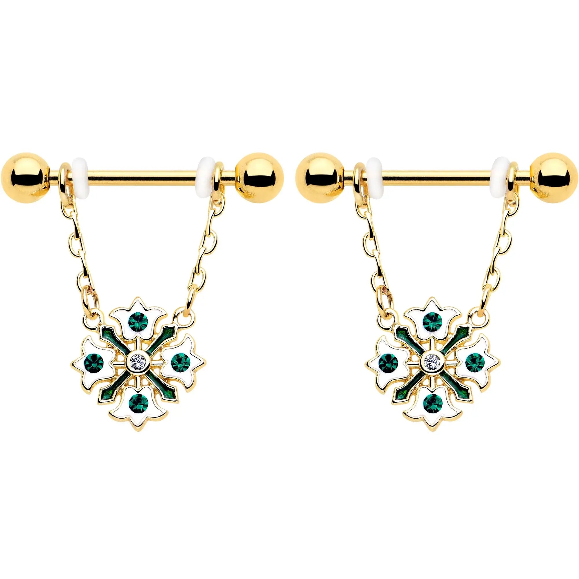 14G 9/16 Green Gem Gold Tone Flower Wreath Dangle Nipple Ring Set - BodyCandy - Flyclothing LLC