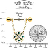 14G 9/16 Green Gem Gold Tone Flower Wreath Dangle Nipple Ring Set - BodyCandy - Flyclothing LLC